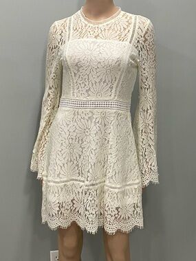 Lace Long-Sleeve Fit & Flare Dress in Cream size small